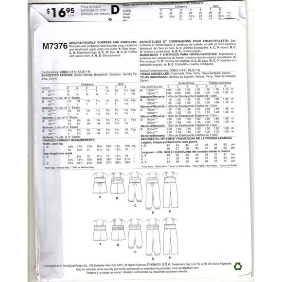 McCall's M7376 Girls 2 to 5 Rompers and Jumpsuits Uncut Sewing Pattern New - Picture 2 of 2